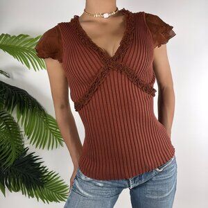 Vintage Y2K Z.B.D. Womens Medium Brown Silk Ribbed Knit Top Coquette Classy